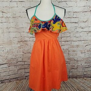 Judith March Orange Midi Dress with Multicolor Embroidery